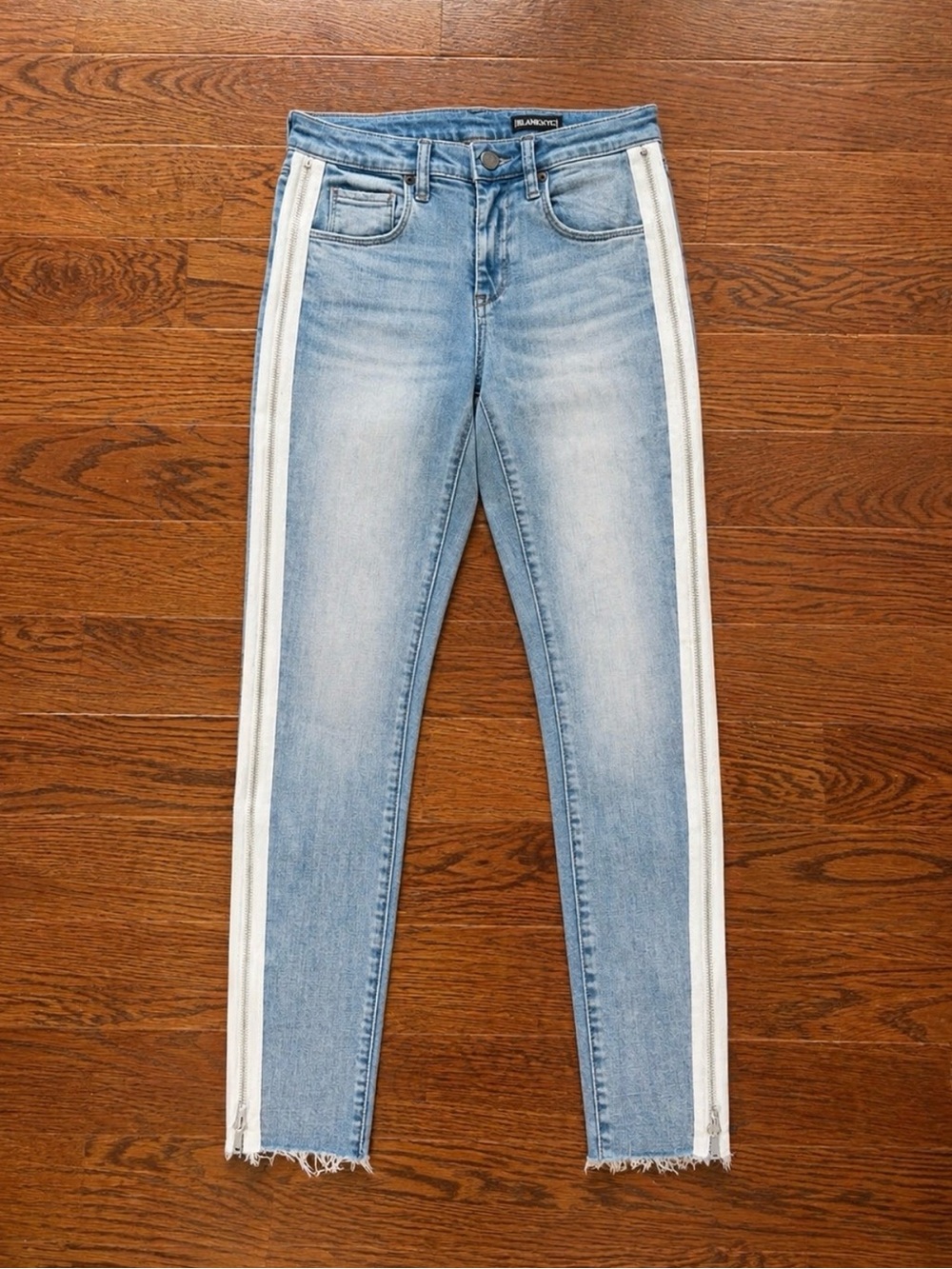 Blank NYC Light Blue Skinny Jeans with White Side Stripes & Zippers